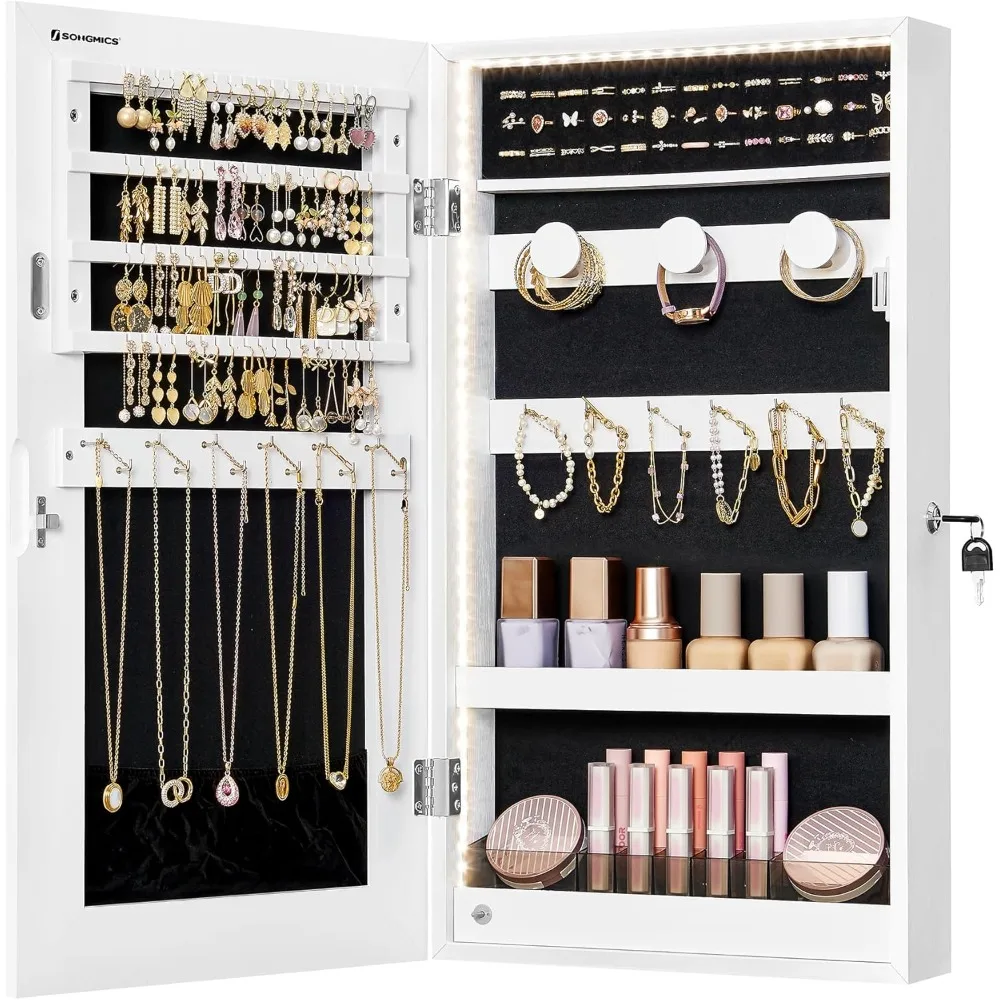 

Mirror Jewelry Cabinet Armoire with Built-in LED Lights, Wall or Door Mounted Jewelry Storage Organizer,3.8 x 14.6 x 26.4 Inches