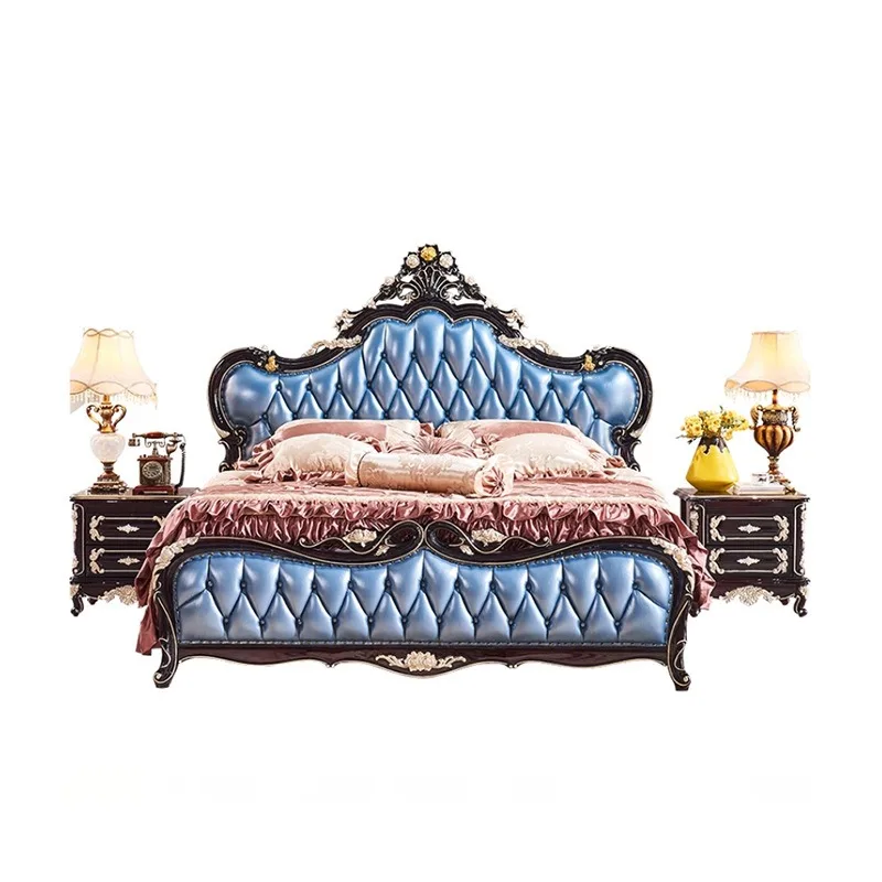 European solid wood bed, bedroom first layer leather double bed 1.5 meters princess bed, master bedroom 1.8