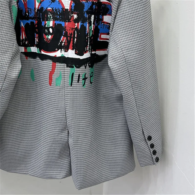 Szary Graffiti Letters Plaid Blazer Jacket Damska odzież wierzchnia Duża kieszeń Długi rękaw Garnitur Kurtka Płaszcz Damski Koreański Casual Blazers