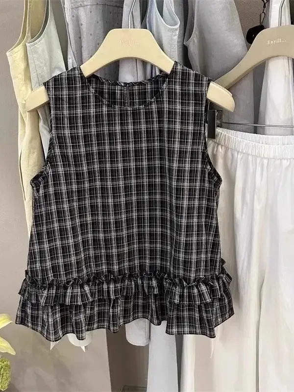 

plus Size Women's Vintage Plaid Shirt Sleeveless Doll Top Loose Fit Summer Versatile Wooden Ear Women's Fashion Inner Wear
