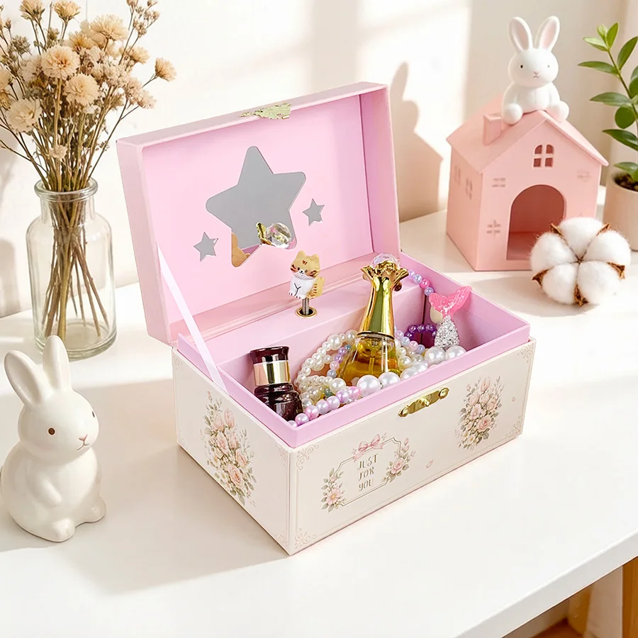 Caja Musical con Diseño Floral Vintage de Gatos, Impresión HD, Cerradura Dorada, Espejo, Cajón Giratorio con Gatito, Joyero Multiusos, Éxito Viral