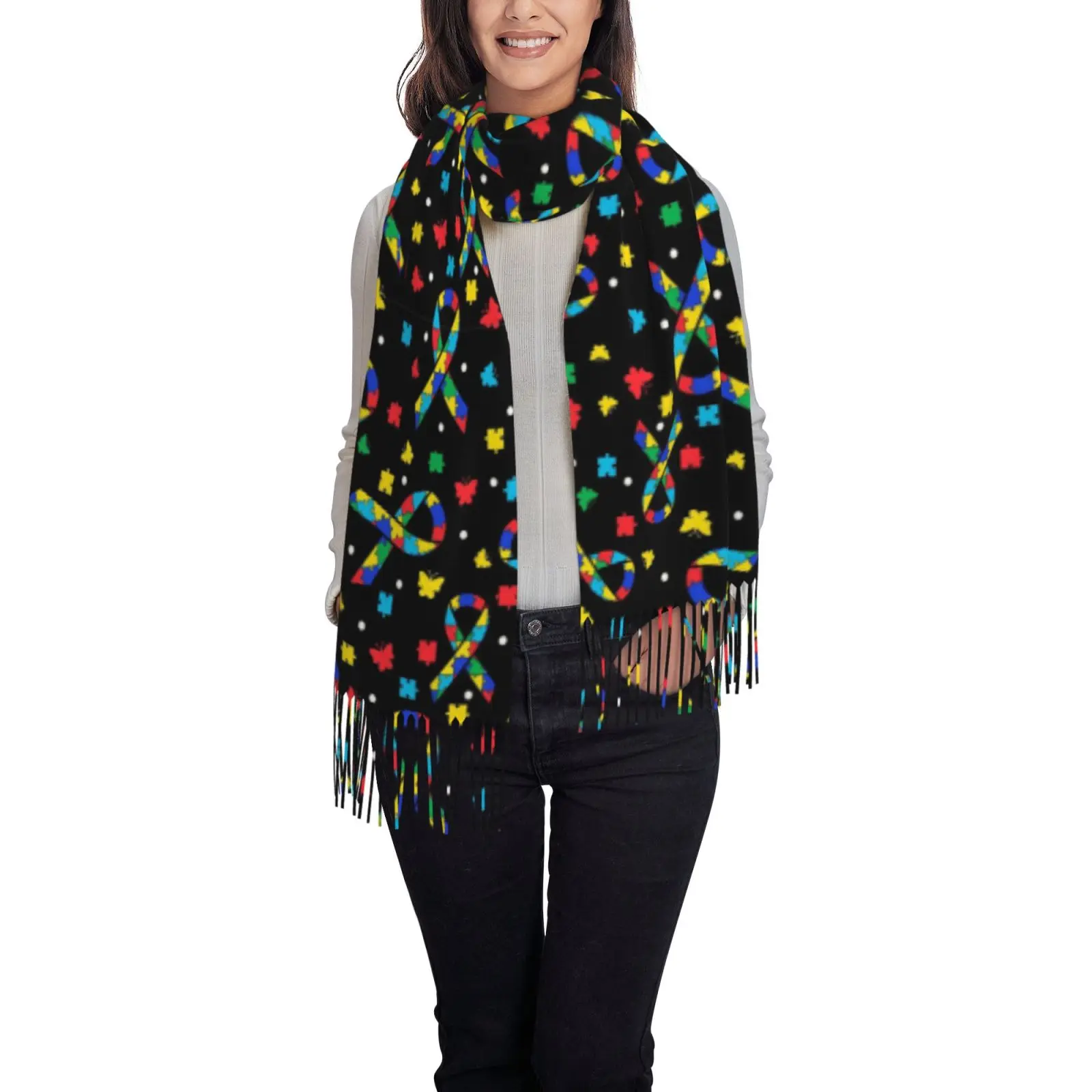 Colorful Autism Awareness Ribbon Pattern Tassel Shawl for Women, Oversized Wrap Scarf, Autism Support Fashion Accessory