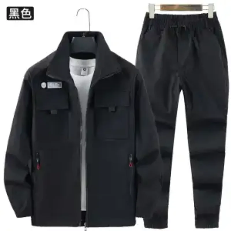 Men Multi Pocket Work Jacket And Elastic Waist Jogger Pants Two Piece Set Wear Resistant Labor Safety Work Uniform Suit