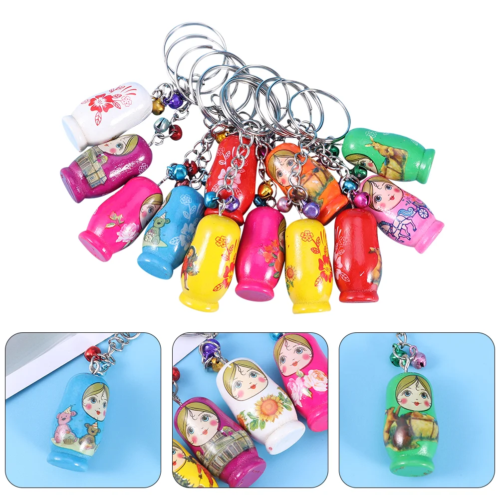 

12 Pcs Matryoshka Key Colorful Painting Rings Pendants Chains Keychains Accessories Mini Russian Wooden Matryoshkas Child