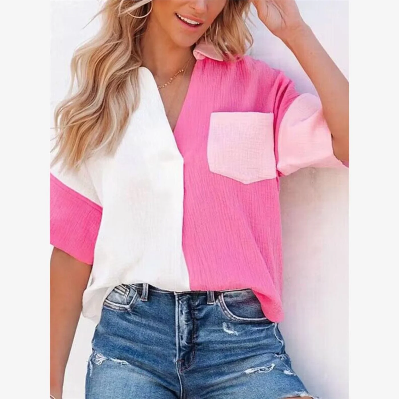 

Свободная ort Sve V-Ne irt Женская повседневная лоскутная блузка Summer Faion Street Универсальная блузка на пуговицах