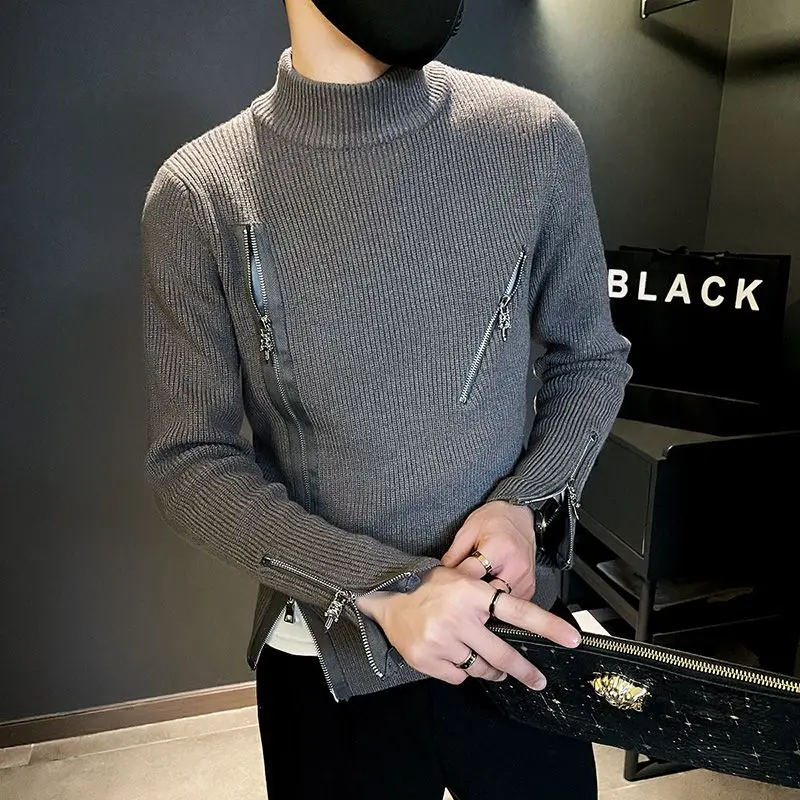 

Autumn Winter Turtleneck Sweaters Casual Chic Zipper Split Men's Clothing Basic Solid Color Slim Long Sleeve Knitted Pullovers