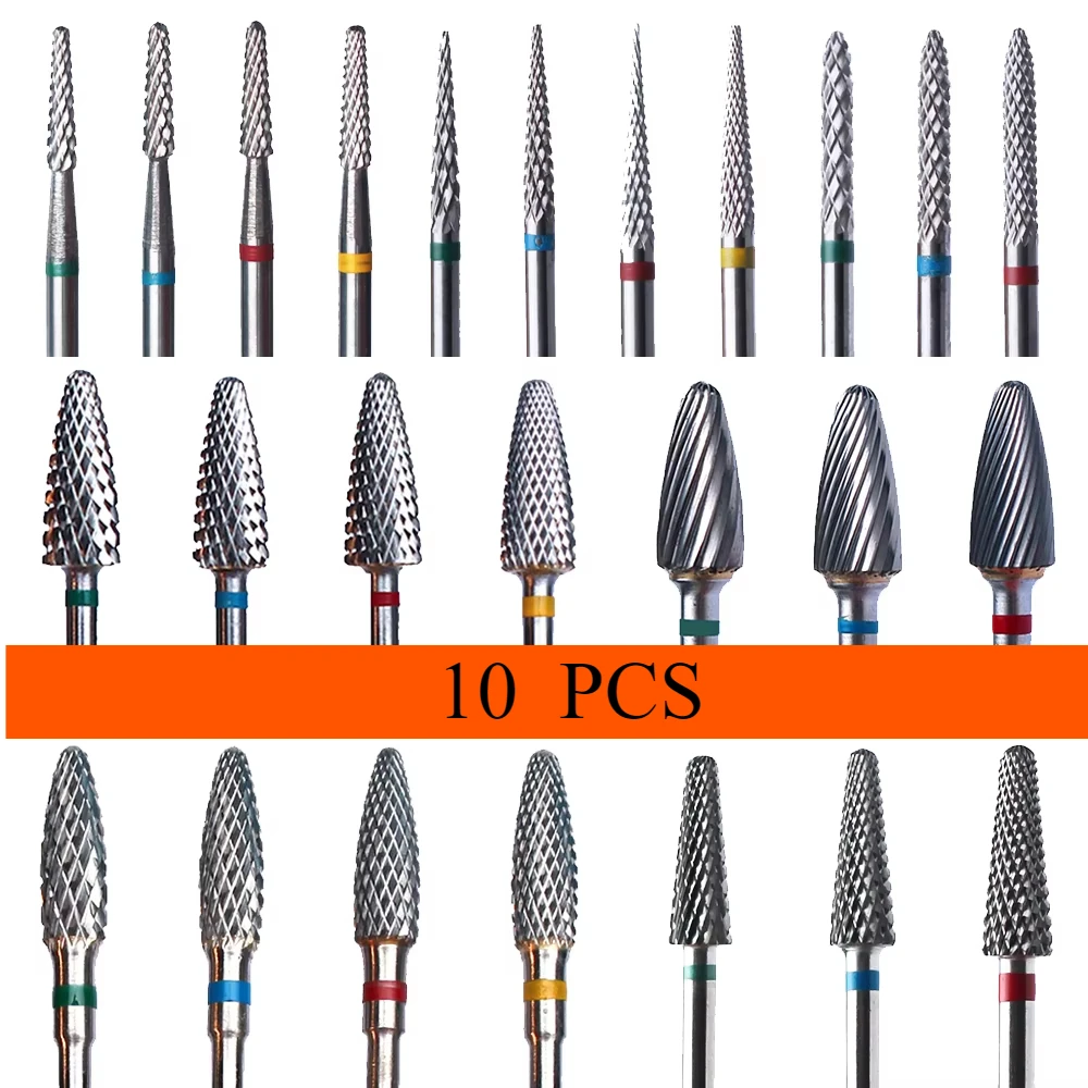 10pc Carbide Tungsten Nail Drill Bit Rotate Burr Milling Nail Cutter Bits Electric Drill Machine For Manicure Pedicure Tools