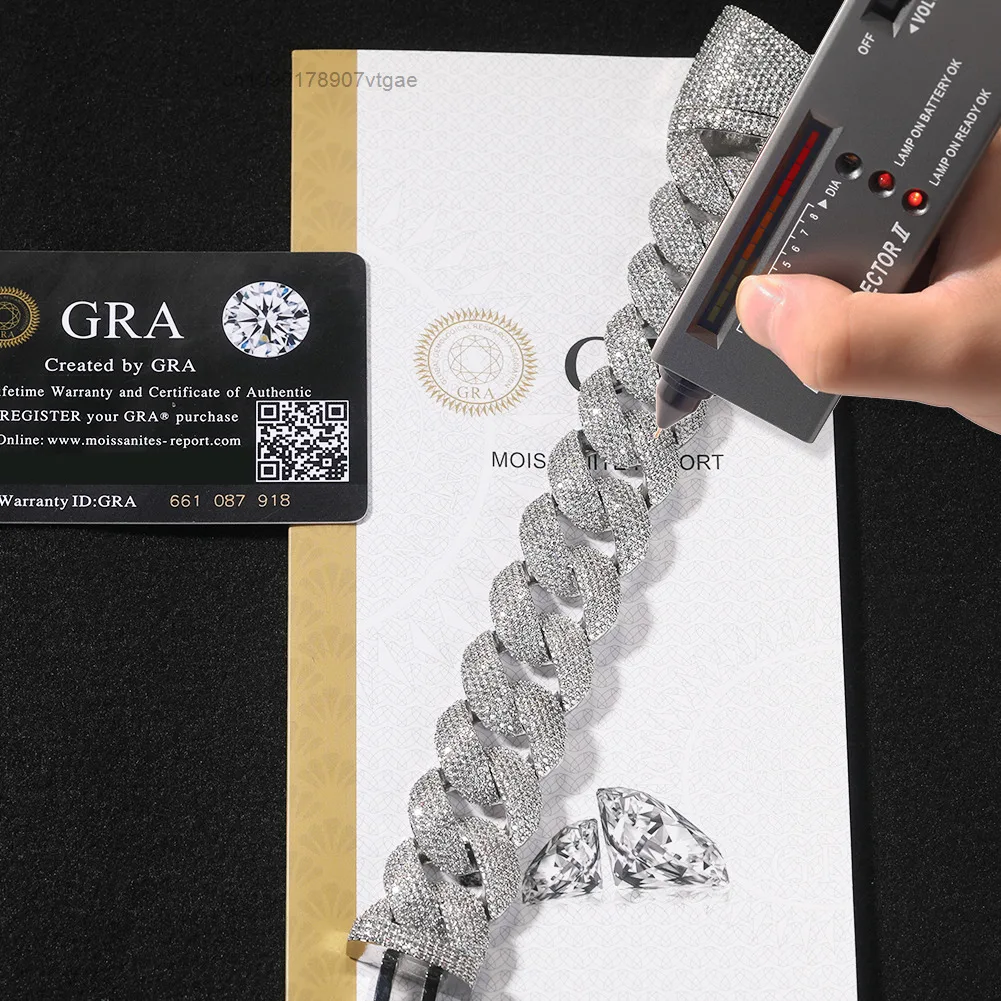 S925 UWIN VVS D Color Moissanite 24mm Thick Bubble Cuban Chain Necklace Sterling Silver Jewelry for Men Women.