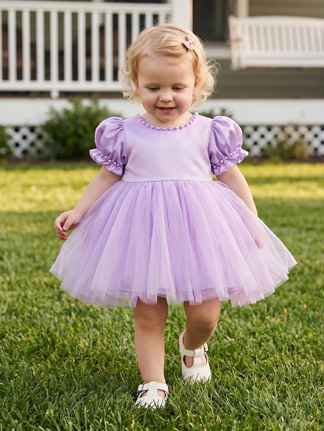 Baby Girls Purple Puff Sleeve Pearl Trim Tulle Dress Satin Bow Princess Party Gown For Birthday Wedding Gift Elegant Celebration