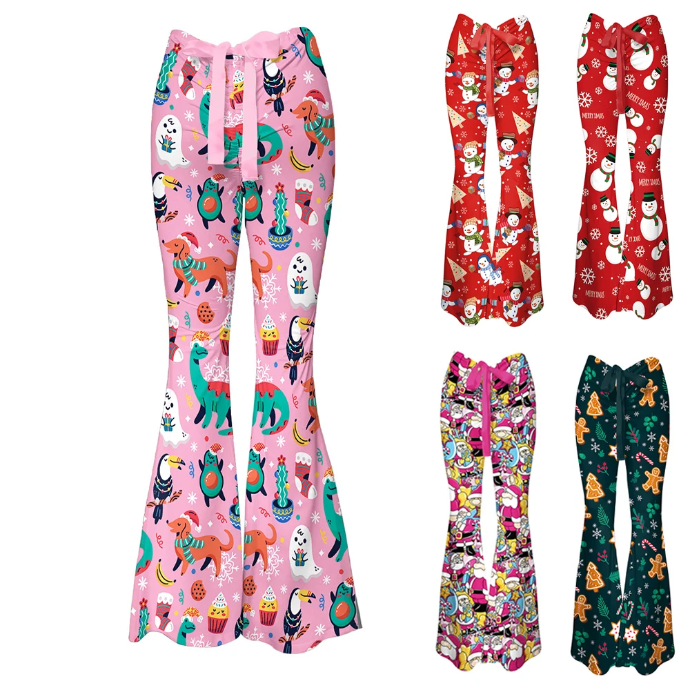 

Pink Christmas Women Flare Pants Santa Claus Snowman Pattern Lace-Up Trousers 3D Printed Casual Streetwear Xmas Gift Bottom