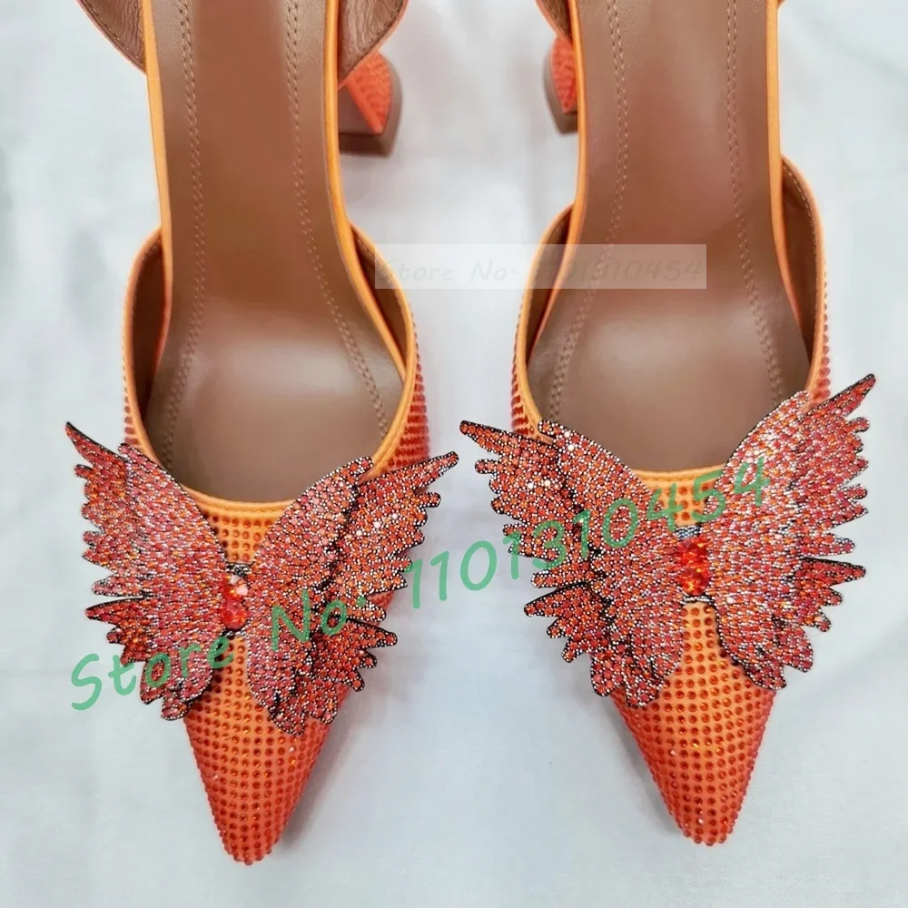 Crystal Butterfly Pointy Sandals Women Bling Wine Glass Heel Orange Satin Shoes Real Leather Luxury Back Strap Trending Sandal view 3