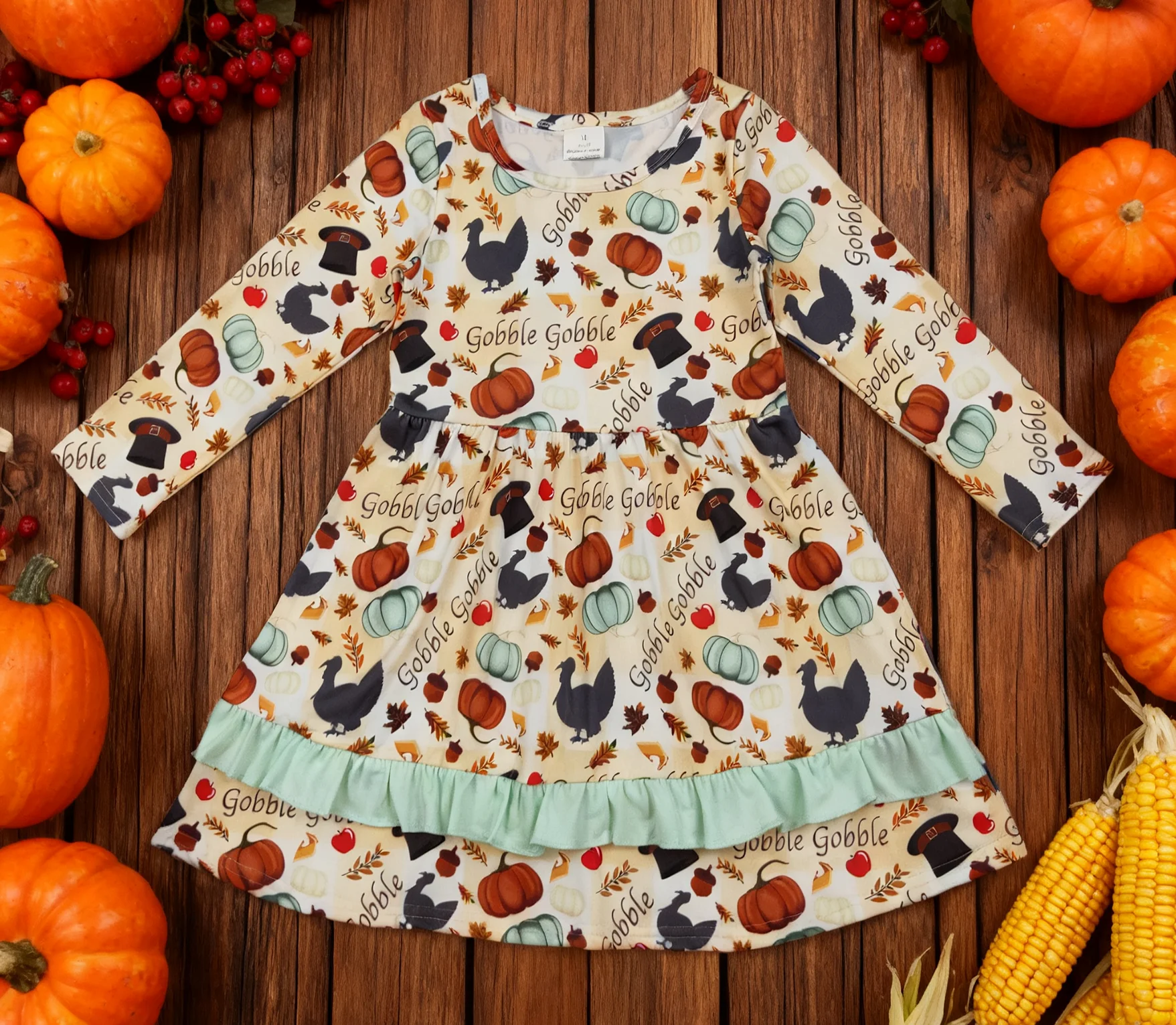 

Z1008-12 GLD0789 Kids Girls Clothes Long Sleeve Turkey Print Baby Thanksgiving Dress