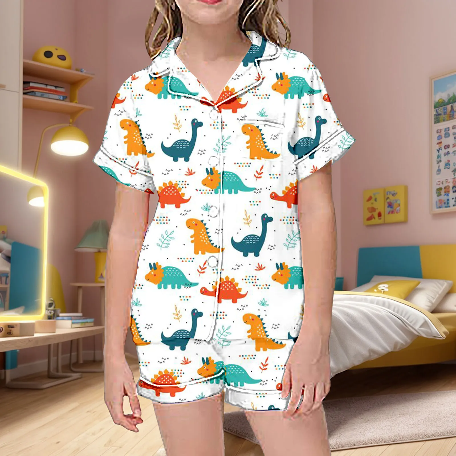 

Children's Home Pajamas Clothes Cartoon Cute Dinosaur Print Short Sleeved Shorts Set Cardigan Children's Pajamas Two-piece Set