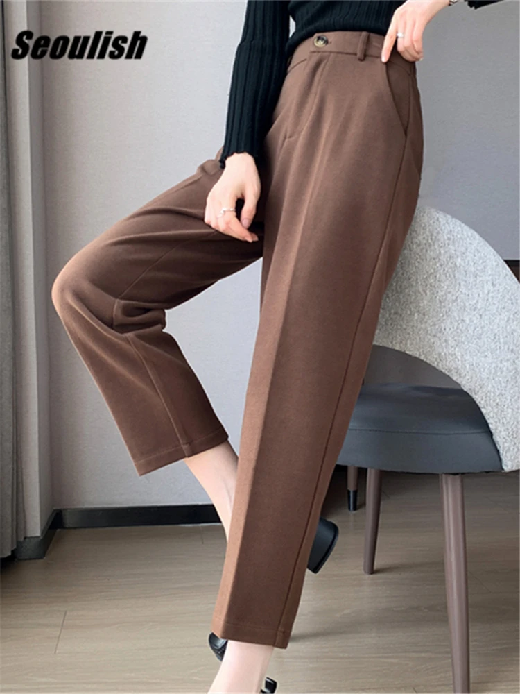 

Seoulish Autumn Winter Woolen Casual Harem Ankle Length Workwear Pants 2023 New High Waist Chic Wide Leg Trousers Pant Female