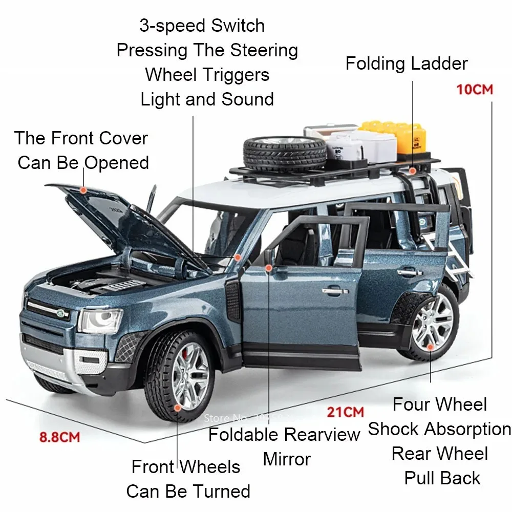 Maßstab 1:24 Land Rover Defender Range Rover Stoßdämpfung Zurückziehen Türen Geöffnete Off-Road-Metallautos Modelle für Jungen Geschenke