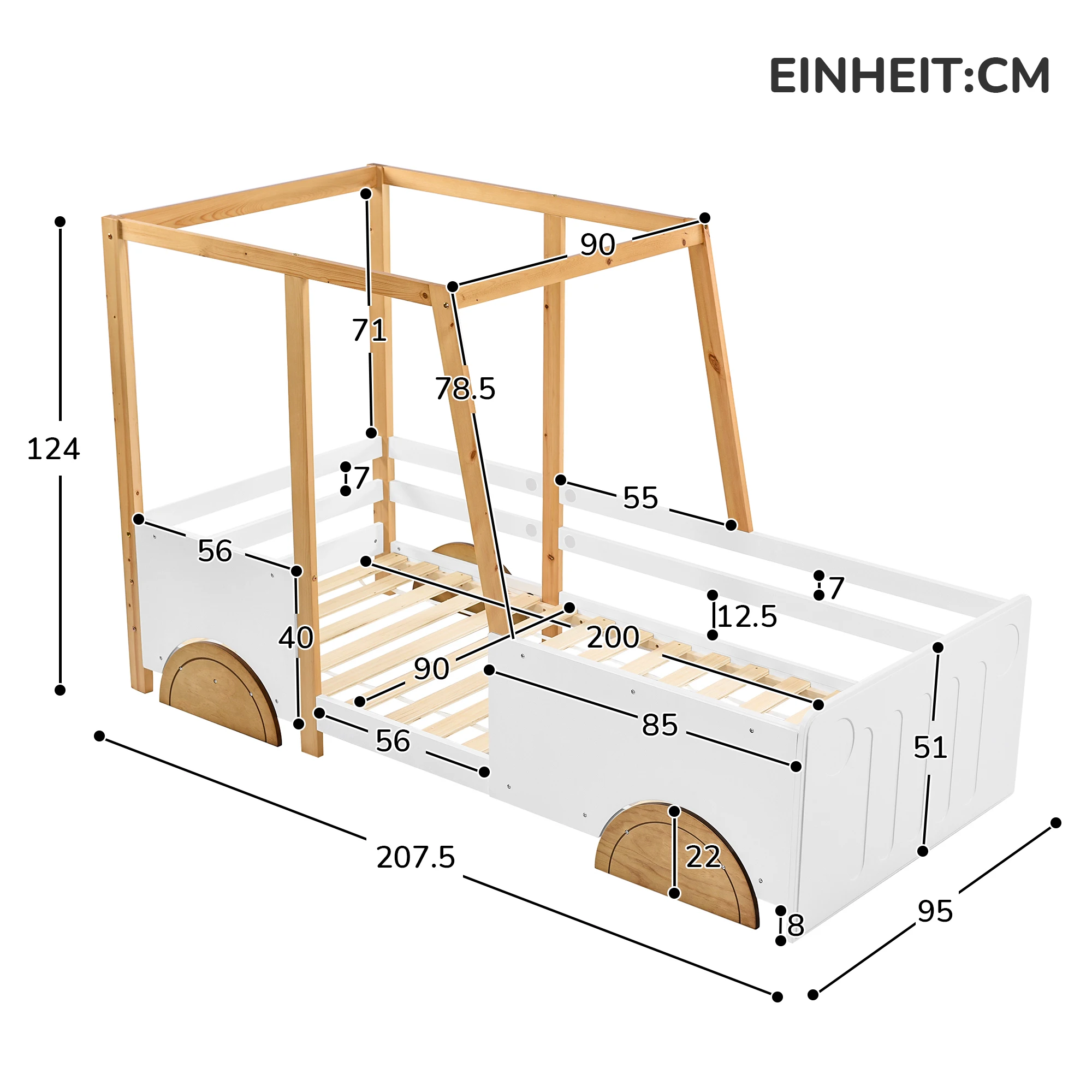 Car Bed Jeep-shaped Bed Cot with MDF Wheels Pine Frame for Children and Youth Solid Wood with Slatted Frame