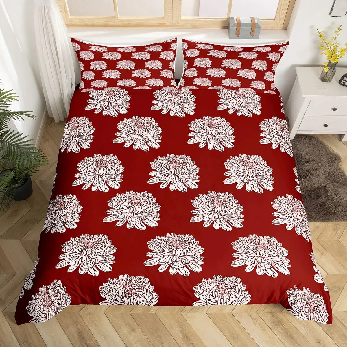 Chrysanthemum Duvet Cover Twin Queen Retro Flowers Comforter Cover Botanical Garden Vintage Floral Bedding Set for Teens Adult