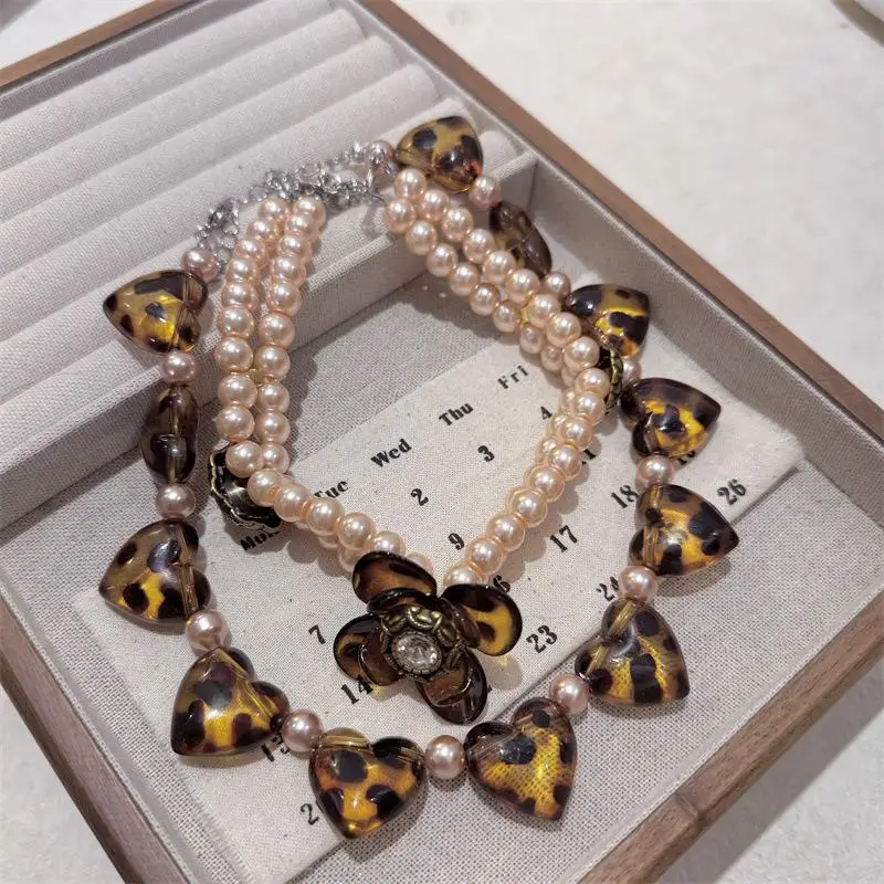 خمر القلب ليوبارد طباعة قلادة للنساء مثير Y2K زهرة اللؤلؤ المختنق الأزياء والمجوهرات البوهيمي سحر هدية #5