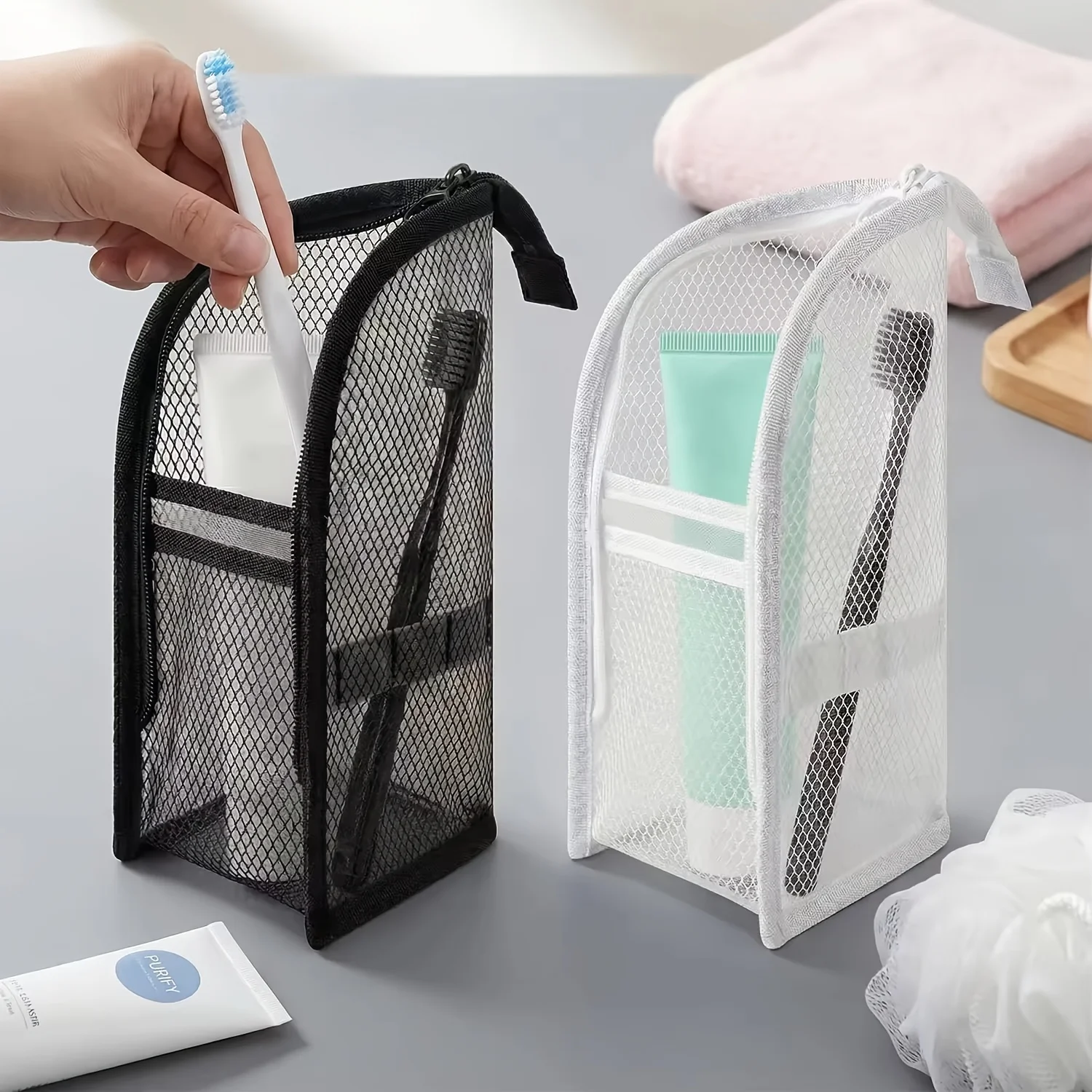 Mesh Travel Toiletry Bag Breathable Cosmetic Organizer Pouch Portable Zipper Toothpaste Toothbrush Storage Bag for Bathroom