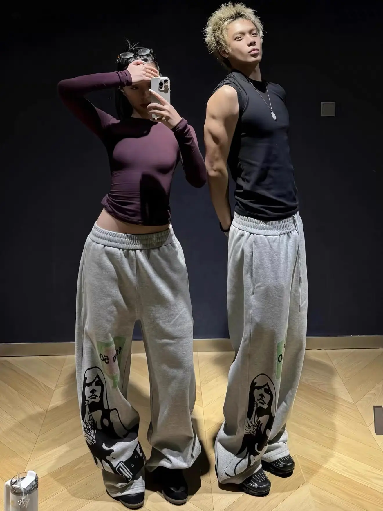 Men's Retro Portrait Print Pattern Wide Legs Y2k Sweatpants Bottom Street Young Boy Casual Pants Male High Waist Trousers