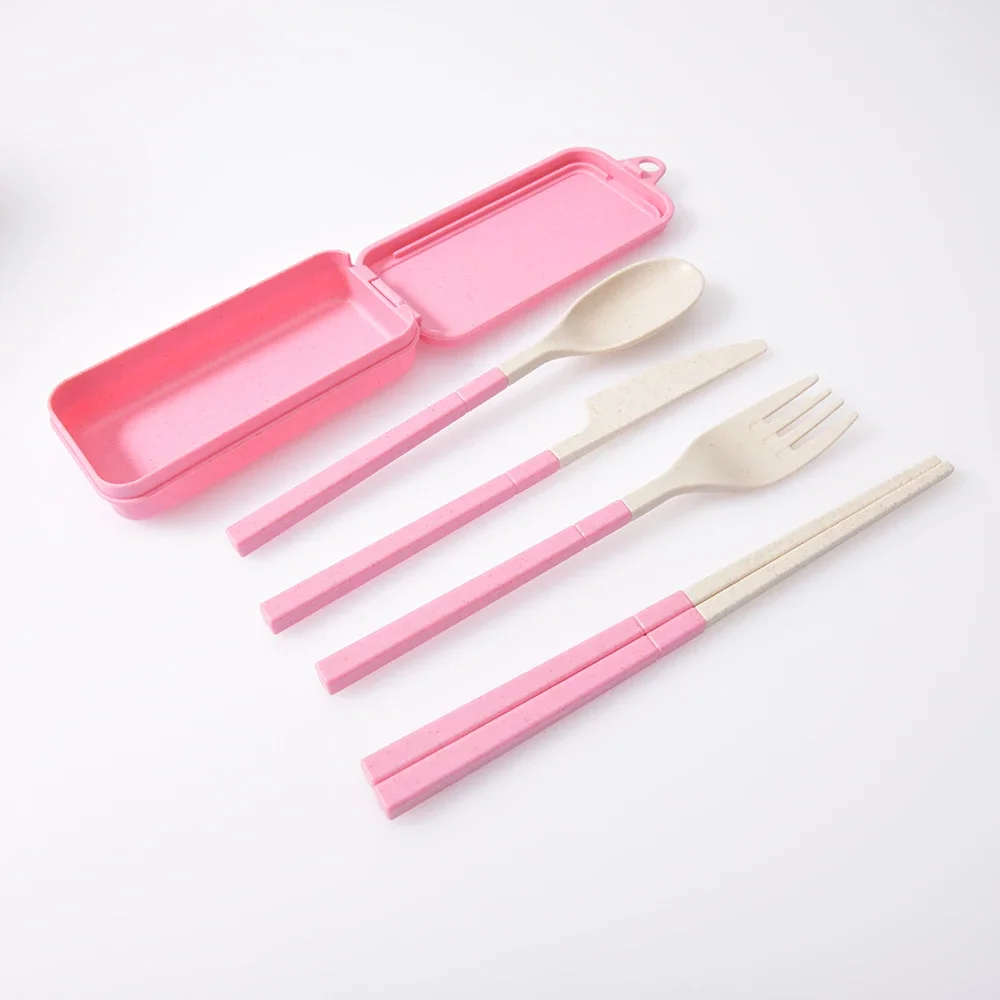 4Pcs Portable Tableware Set Wheat Straw Dinnerware Detachable Cutlery Travel Tableware Picnic Cutlery Set