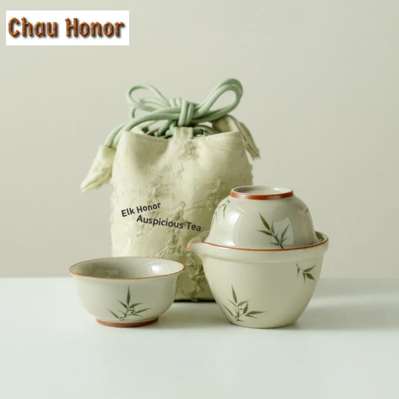 

Hand-painted Ash Bamboo Green Travel Tea Set Kit Luxury 1 Pot 2 Cups Tea Brewing Organizer Portable Camping Stock Bags Ornaments