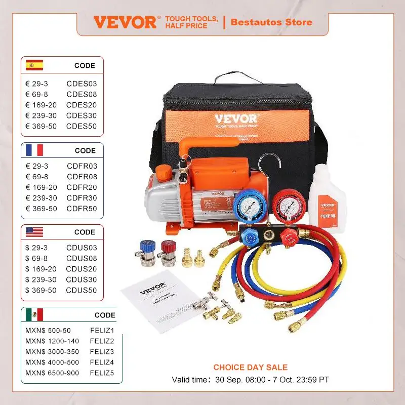 

VEVOR 3.5/4.5CFM Single Stage Rotary Vane HVAC Air AC Vacuum Pump & A/C Refrigerant Kit Manifold Gauge Set for Air Conditioning