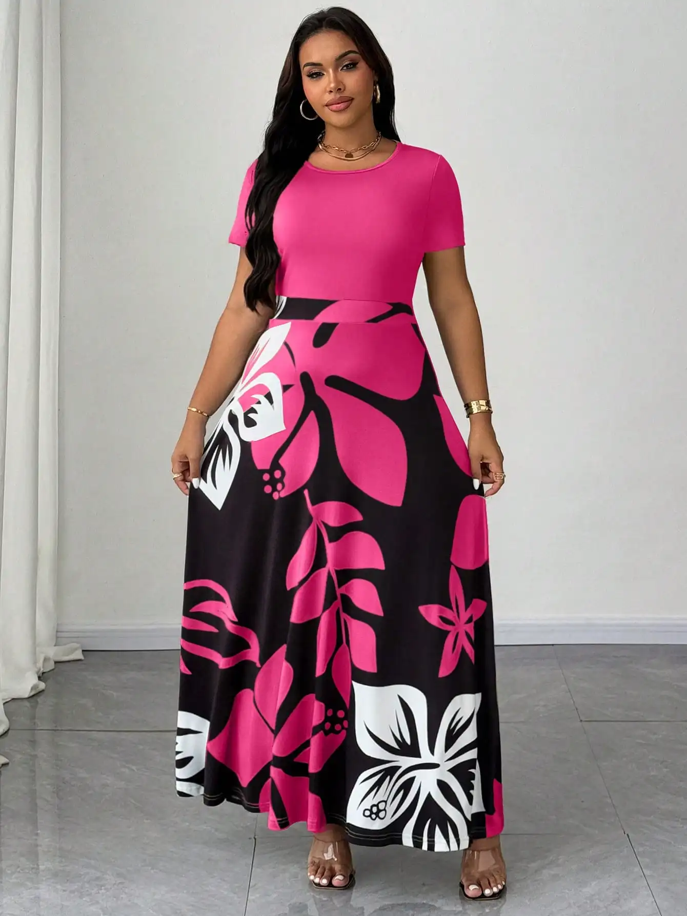 

Летнее повседневное платье макси с цветочным принтом для женщин больших размеров