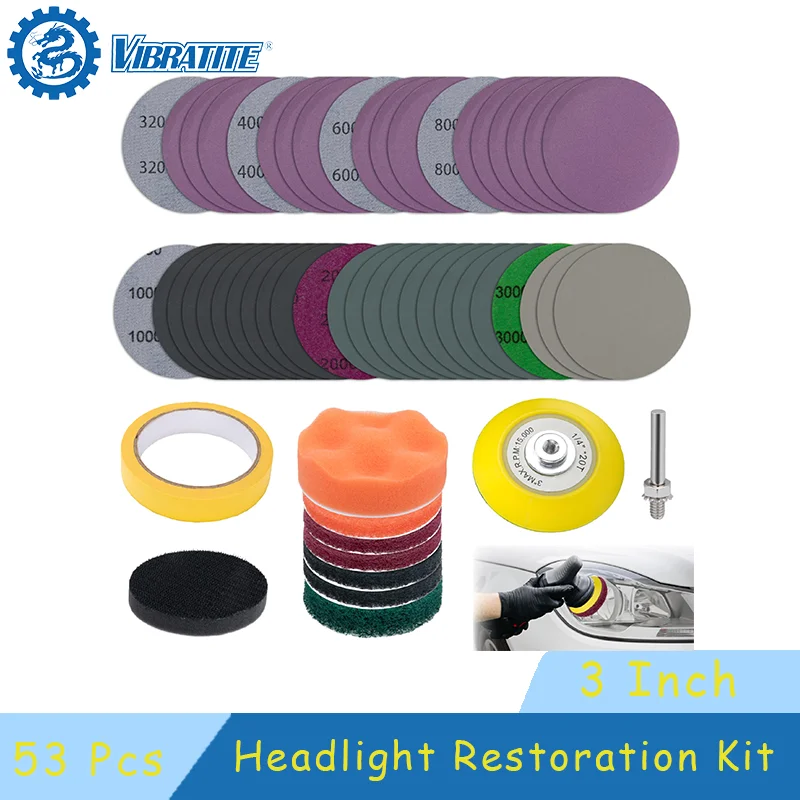 3 Inch 53 Pcs Car Headlight Restoration Kit with 1/4 Inch Shank Backing Loop and Hook Sanding Paper Scouring Pads for Polishing