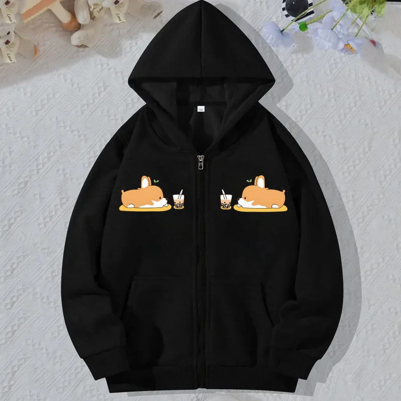 Cartoon Corgi Bubble Tea Print Hoodies Women Zip Up Jacket Clothes Basic Trend Hooded Hoodies Harajuku Hoodie Women Streetwear