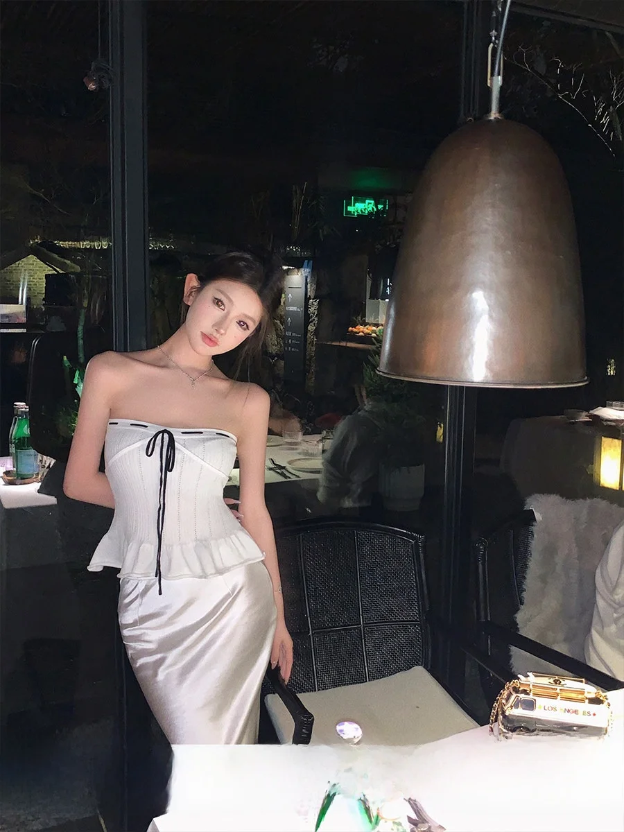 

Bla White Color Blo Knot Strapl Knitted Top Women's Sweet Sle Casual Loose Fit Single Piece Spring Faion