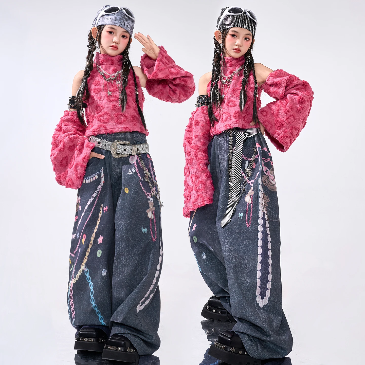 Girls K-pop Sweet Crop Top Contrast Street Dance Pants Kid Hip Hop Streetwear Costumes Children Jazz Girl Group Clothes Sets