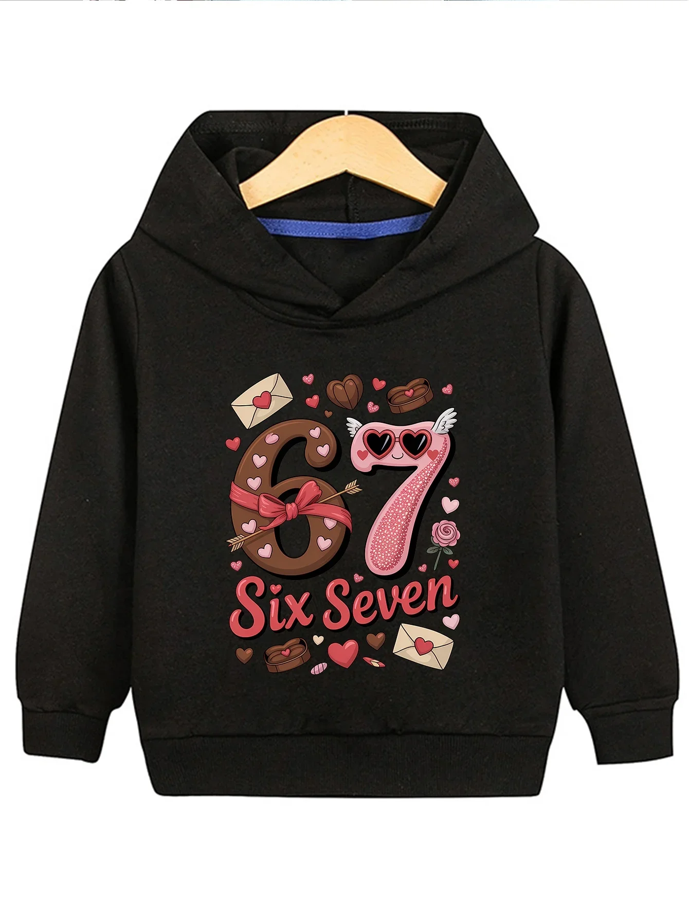 Kids Six Seven Hoodie Valentine Heart Envelope Rose Graphic Fleece Pullover Hooded Sweatshirt Autumn Winter Birthday Party Top