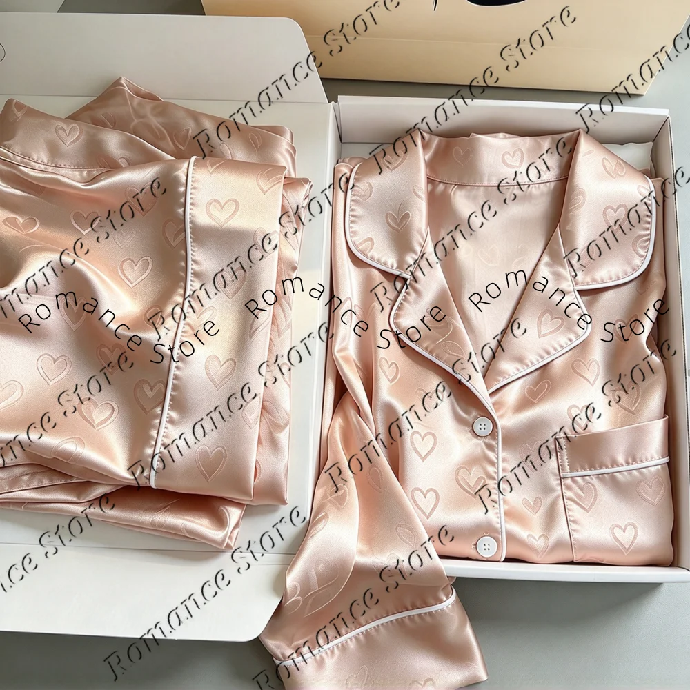 2027 Women Heart Print Pajama Set Lapel Long Sleeve Button Top Long Pants Satin Sleepwear Elegant Home Loungewear Night Suit