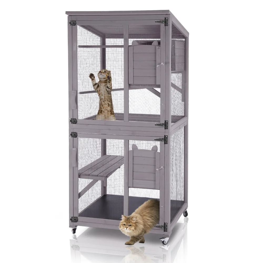 Catio Outdoor Cat Enclosure Wooden Cat Cage with Window Access Large Kitty House on Wheels Indoor Patio (Large)