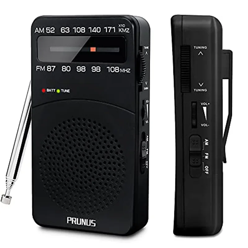 PRUNUS J-166 Portable Radio AM FM, Battery Operated Radio with Tuning Light, Back Clip, Excellent Reception, Transistor Radio