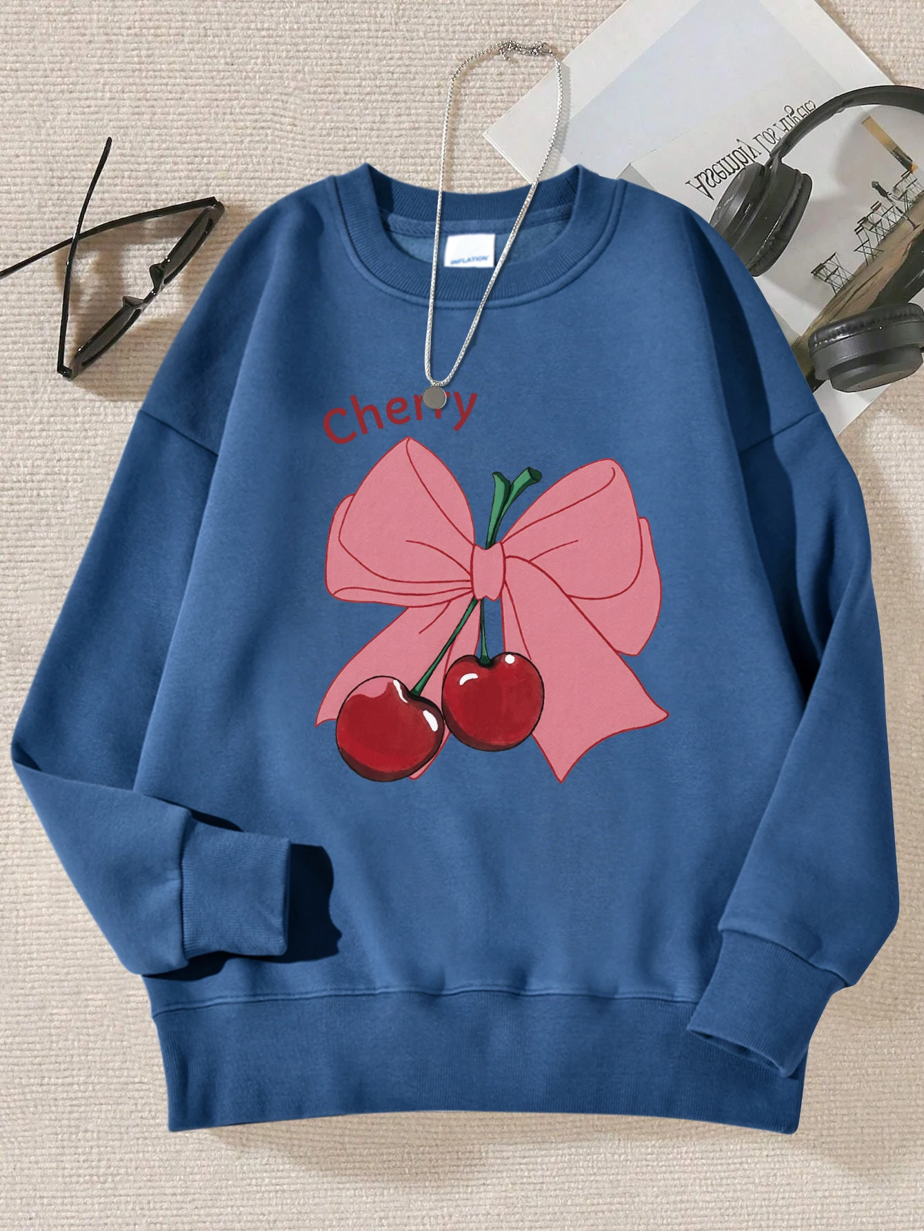 

Bow Cherry Cartoon Print Women Sportswear Fashion Loose Sweatshirt Casual Fleece Pullovers Autumn Fur-Liner Female Tracksuit