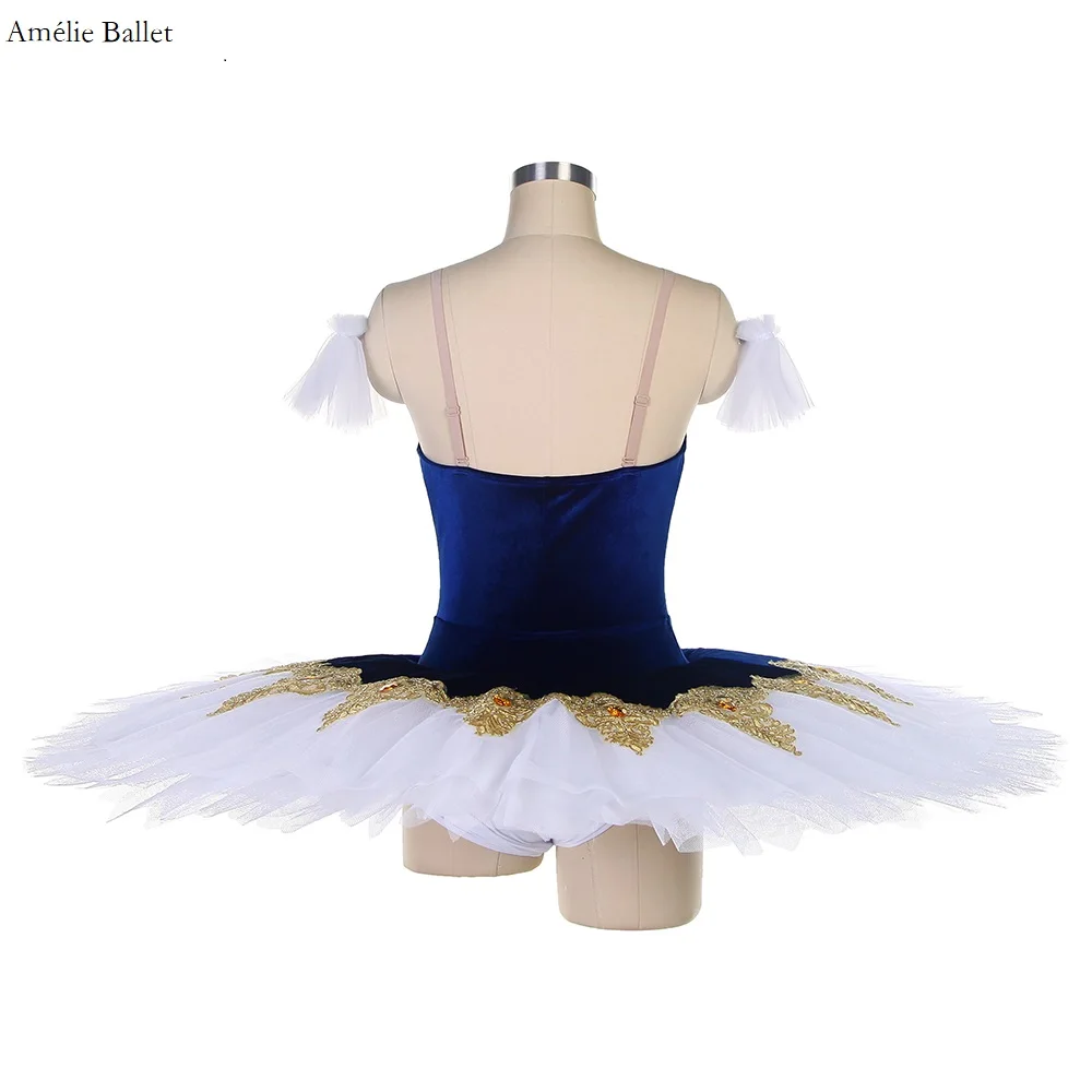 BLL456 Marineblauw fluwelen pre-professionele ballettutu met witte tuturok Meisjes en dames podiumprestaties danskleding