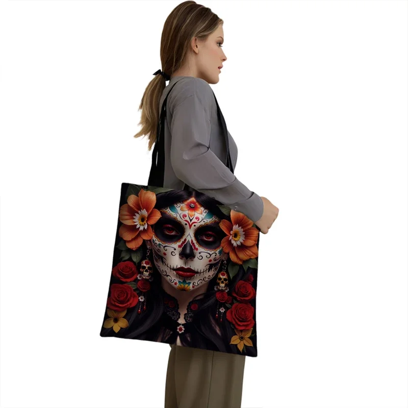 Shopping Bags Canvas Printing Mexico Death Skull Flower Women Handbag Gothic Tote Large Capacity Shoulder Bags for Travel Ladies