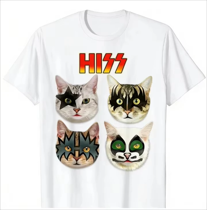 HISS KISS Band Cat Print T-Shirt Casual Cotton Tee Soft Tops for Rock Music Fans Cat Lovers Humorous Harajuku Oversized T Shirt