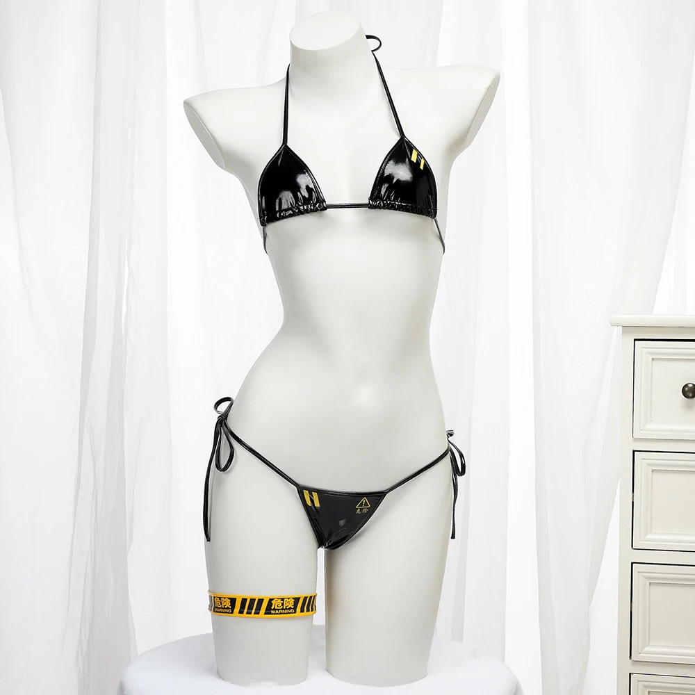 Punk Bikini Sexy Leather Bra Underwear Lingerie Danger Caution Print Swimsuit Low Waist Bikinis Sets Beach Swimwear