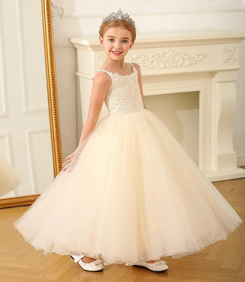 

Champagne Flower Girl Dress For Wedding Tulle Lace Sleeveless Cute Kids Birthday Party Ball Dress First Communion Gowns