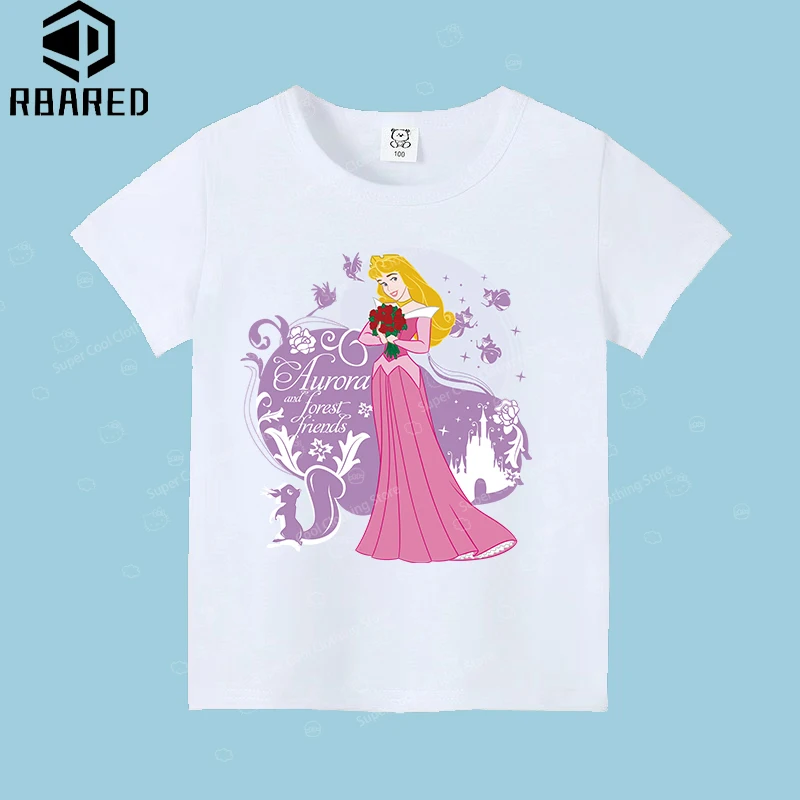 T-shirt per nuove ragazze estive 2024 Disney Rapunzel adatta per abbigliamento per bambini comodo abbigliamento per bambini in puro cotone al 100%