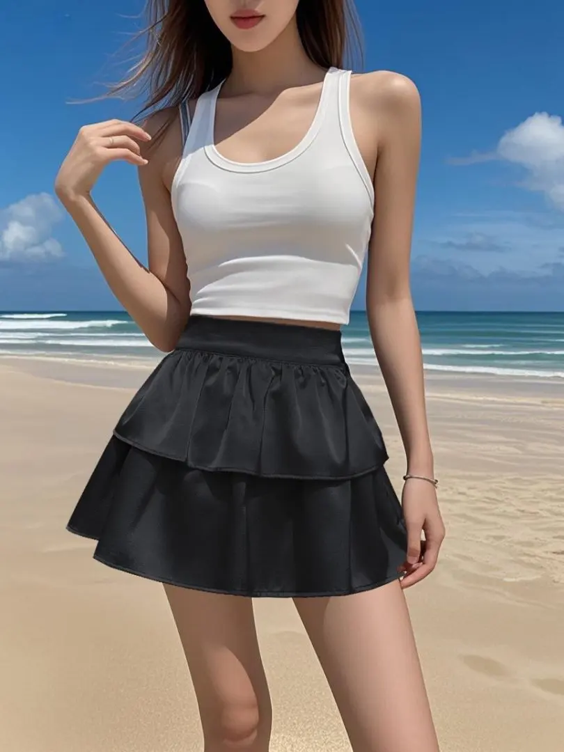 ピンクのサマーラッフルサテンケーキスカート、女性用ハイウエストカジュアルボールガウン、スイートショートスカート