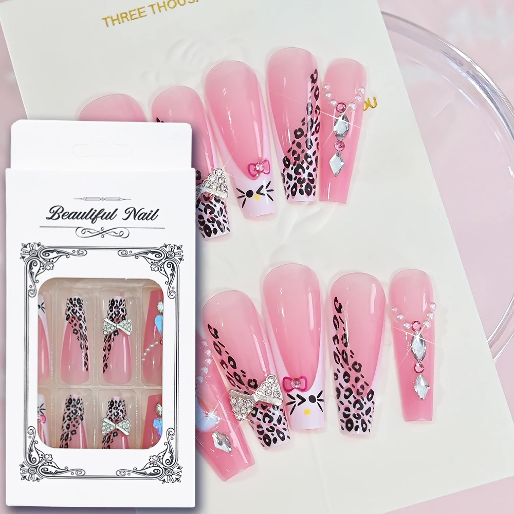 24pcs Extra-long Coffin Cute Kitten Face Bowknot Press On Nails Pink Leopard Print Fake Nails Shiny Rhinestone Women False Nails