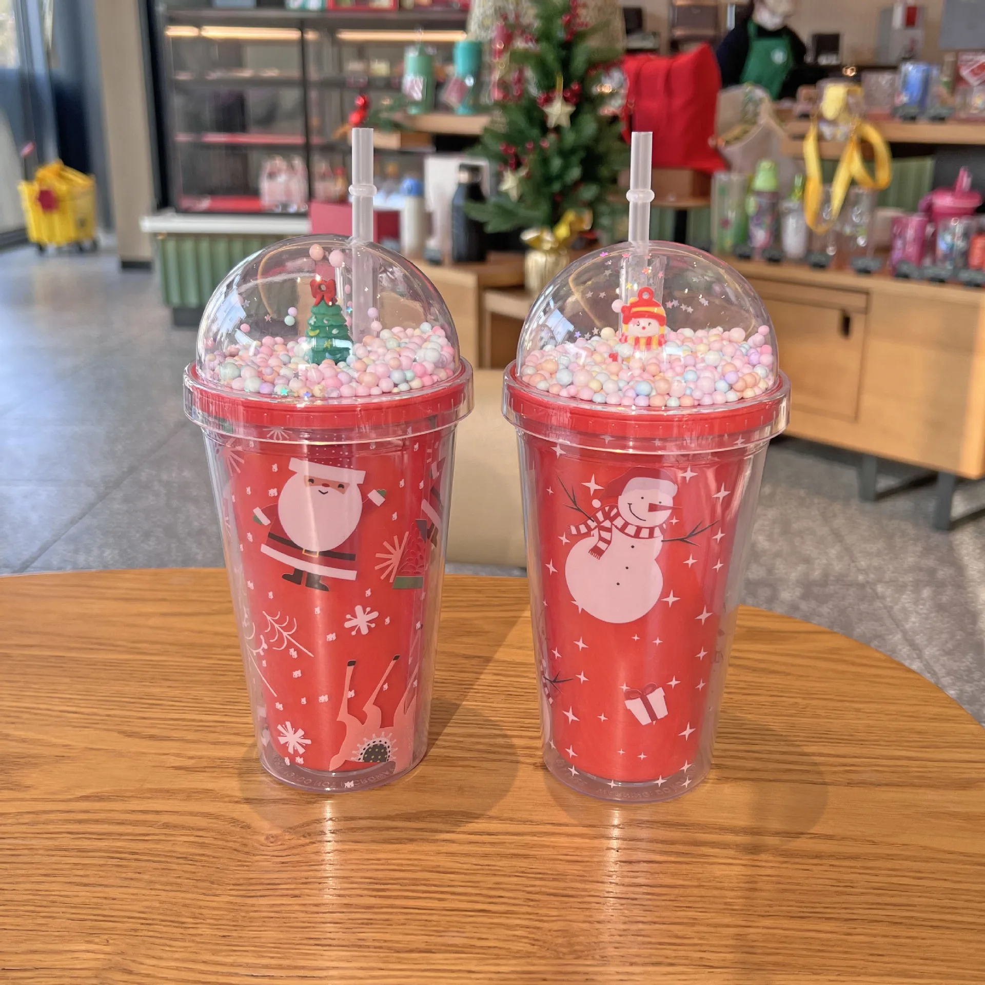 Taza de plástico doble de dibujos animados de muñeco de nieve de alce y Papá Noel de 450Ml, taza de agua portátil, taza con pajita, regalo de Navidad para niños y vacaciones