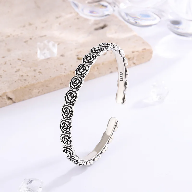 New Arrival Rose Female Temperament 925 Sterling Silver Bracelets Creative Flower Personality Opening Bangles SL052