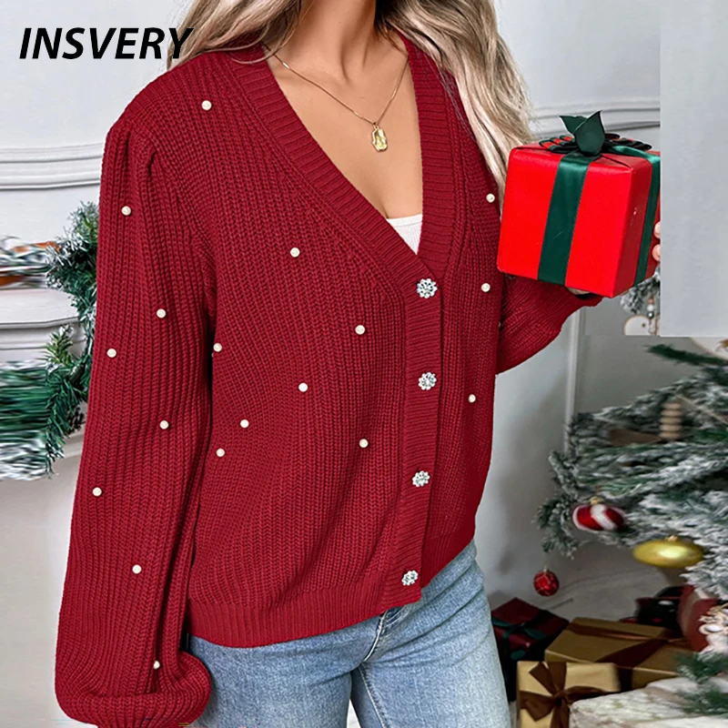 

Осень-зима модный женский вязаный свитер красный с v-образным вырезом и пуговицами из бисера свитера с длинными рукавами для женщин рождественский джемпер топы