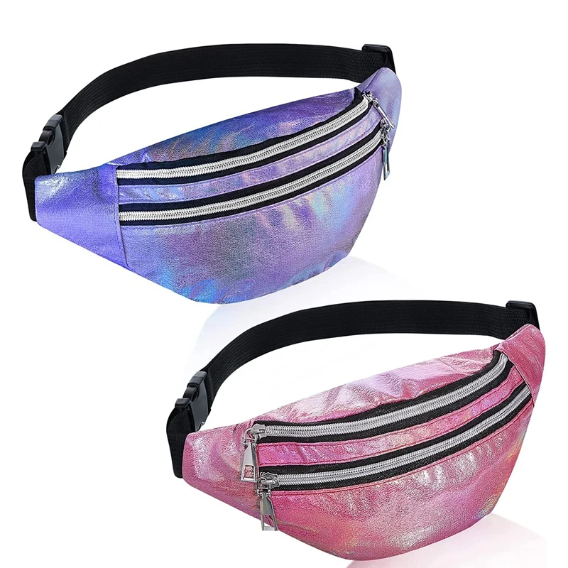 2 Pieces Metallic Color Waterproof Pack Bag Sport Waistbag Adjustable Waist Bag For Women Men Kids