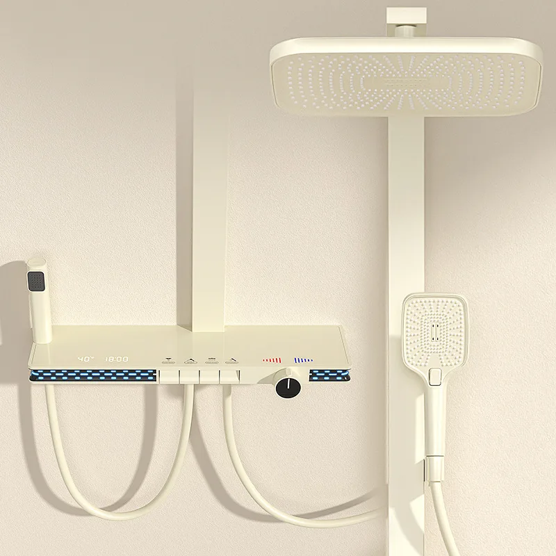 Shower head set cream white bathroom hot and cold water with storage three-speed digital display shower head